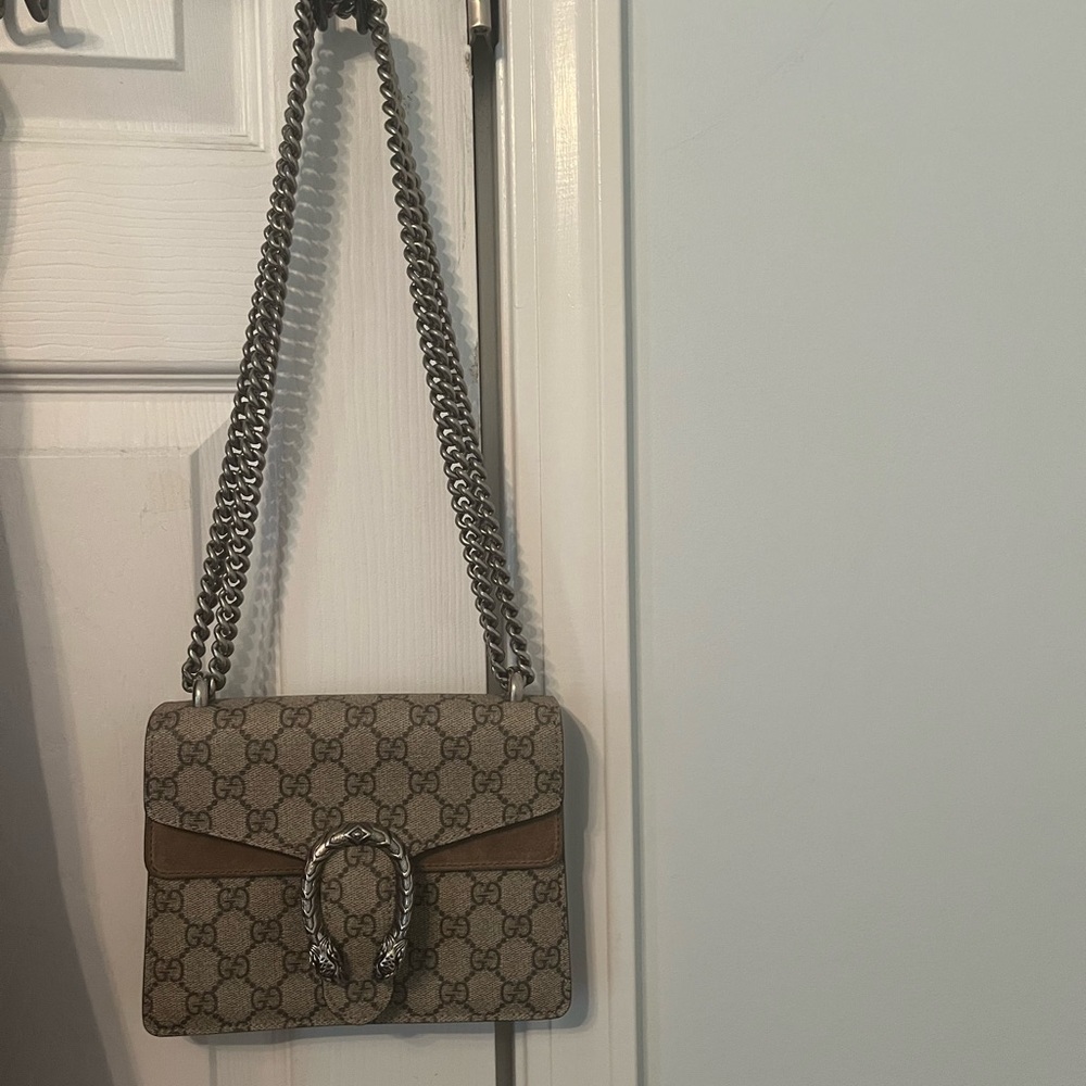Gucci Beige GG Supreme Shoulder Bag with Brown Trim and Silver Hardware